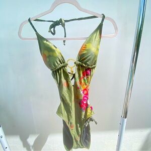 Y2K GRAIL OP Green Camo Love Rock Graffiti Monokini Swimsuit Size Medium